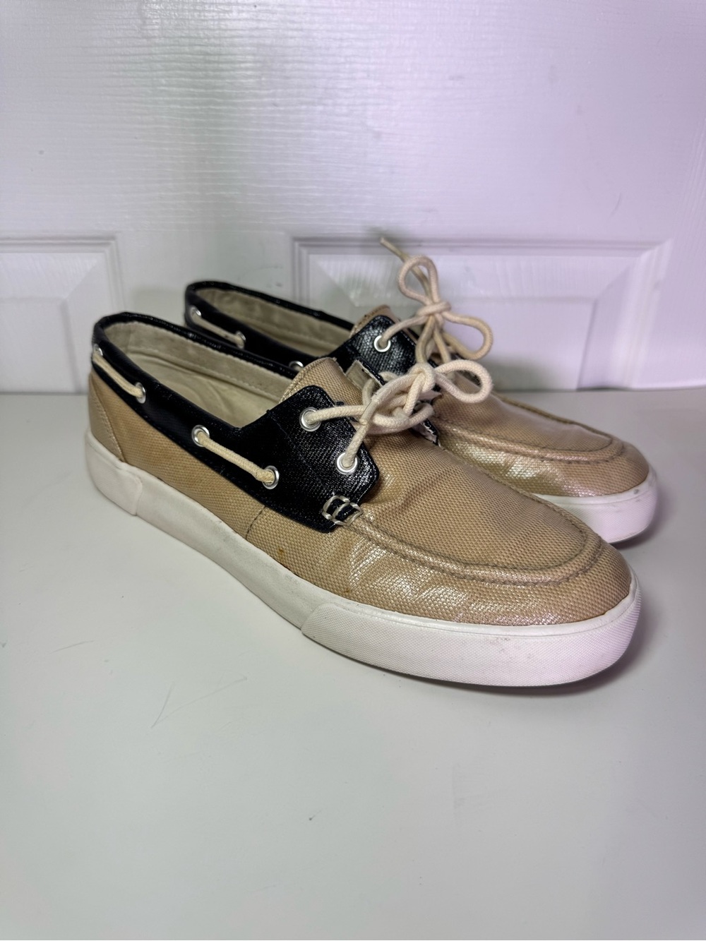 Polo Ralph Lauren Lander Men 9D Tan Black Canvas Boat Shoes